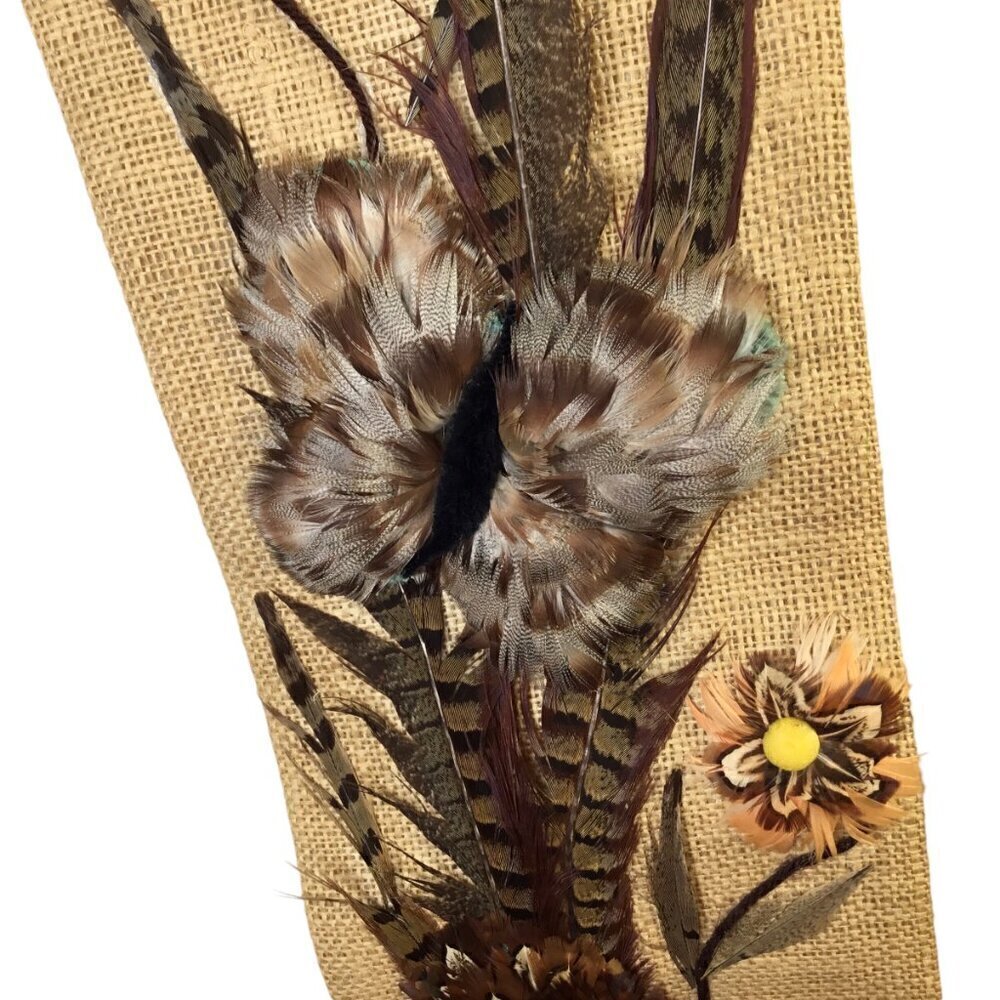 Vtg 3D Folk Art Feather Craft Art Burlap Wall Hanging Bell Pull Butterfly OOAK - Picture 9 of 12